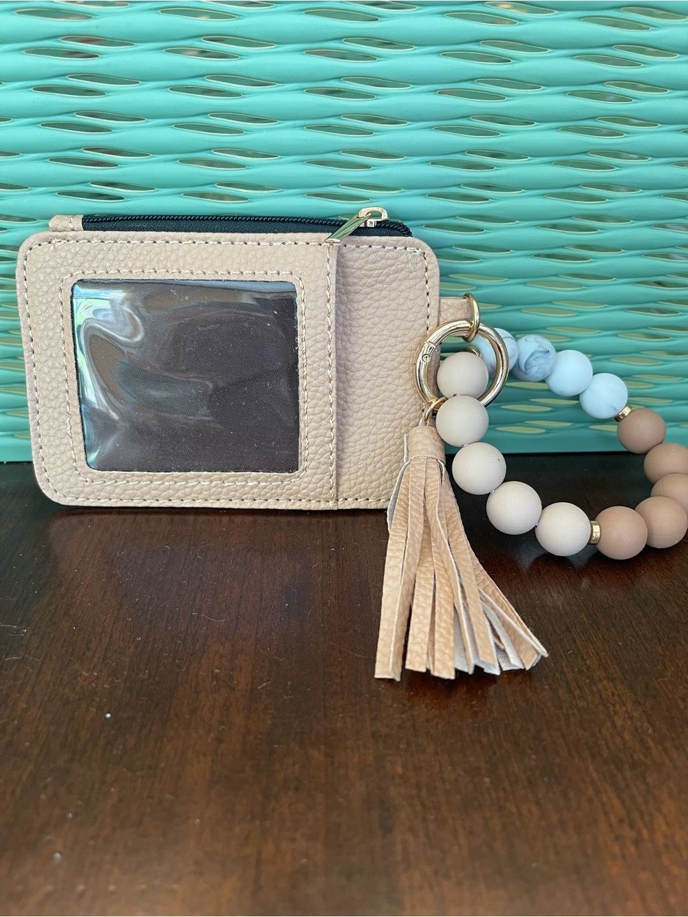 NWOT Beaded Tassel Card Wallet Keychain - Tan - Picture 3 of 6